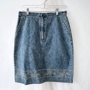 Gloria Vanderbilt Denim Pencil Skirt with Cutwork Embroidery Design, Size 10, EC